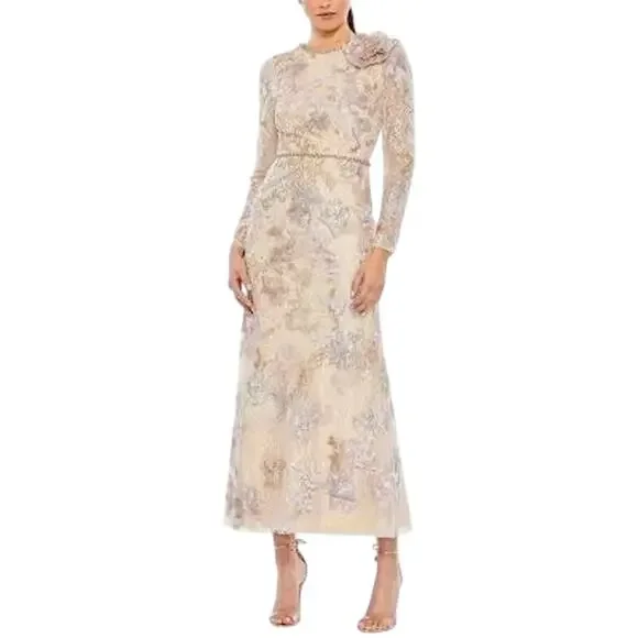 Mac Duggal | Dresses | Mac Duggal Nwt Embellished High Neck Long Sleeve  Midi Dress In Nude Size 2 | Poshmark